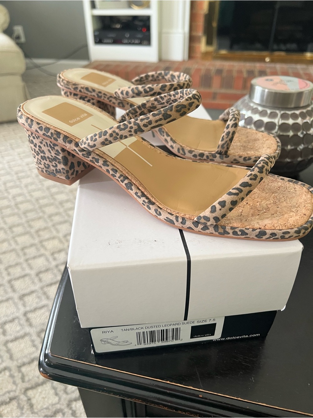 Dolce Vita Leopard Print Strappy Block Heel Sandals - Tan/Black